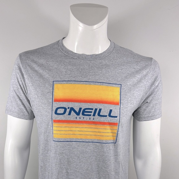 O’NEILL T-SHIT, MENS LIGHT GREY W/ORANGE & YELLOW LOGO, 90%COTTON, 10%POLYESTER - Picture 1 of 11
